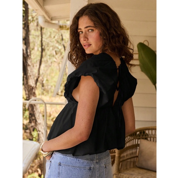 Puff Top in Black V-Neck Short Sleeve Tie Back Babydoll Style - Picture 4 of 8